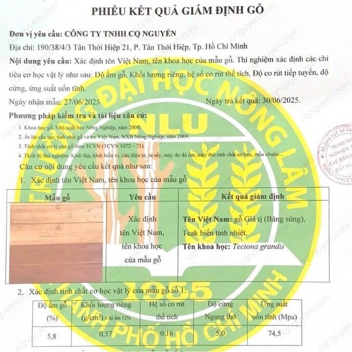 Phiếu kiểm định chất lượng gỗ teak biến tính