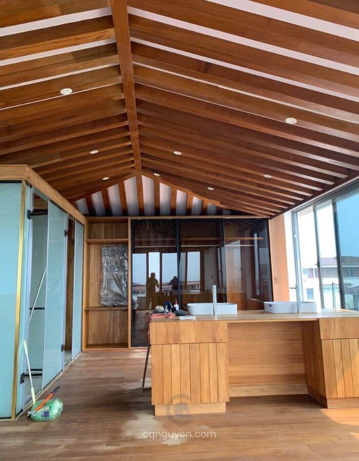 Trần gỗ teak xương cá