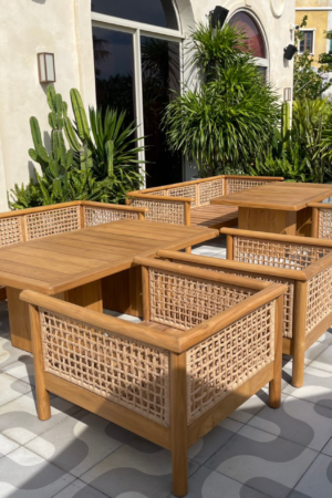 ban ghe go teak | bàn ghế ngoài trời gỗ teak kết mấy lưới giả mây