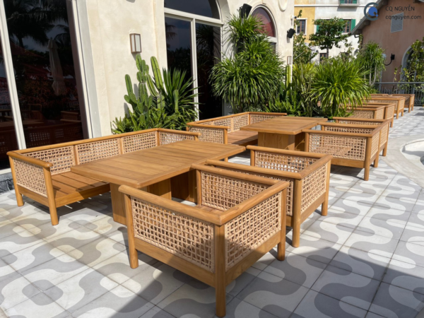 ban ghe go teak | bàn ghế ngoài trời gỗ teak kết mấy lưới giả mây