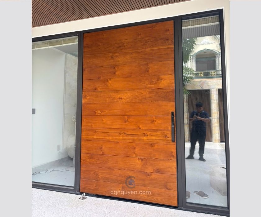 mẫu cửa gỗ kính 2 cánh khung nhôm