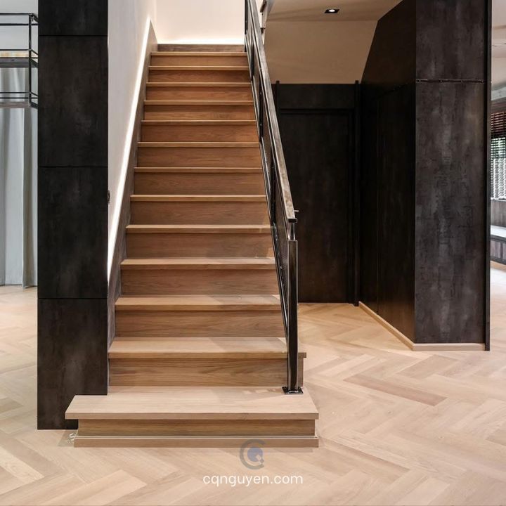 Mẫu cầu thang gỗ đẹp đơn giản | Cầu thang gỗ tay vịn sắt | Mẫu cầu thang gỗ đẹp