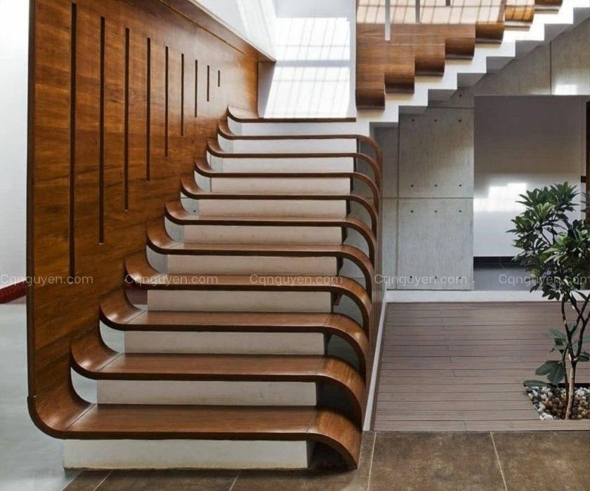 cầu thang gỗ biệt thự hiện đại